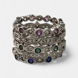Radiant Stacked Rings Pink Quartz Emerald Sapphire Diamonds Size 7